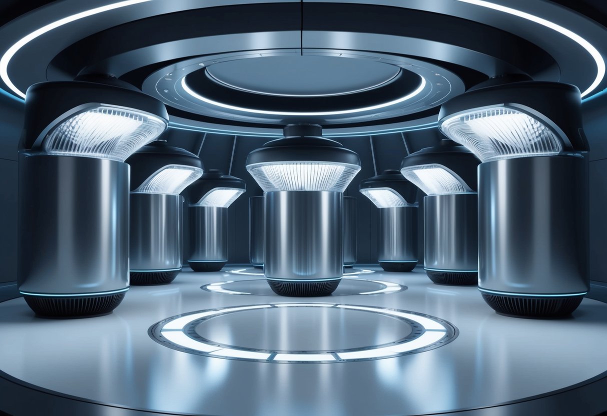 A futuristic chamber filled with oxygen scrubbers humming softly as they filter the air, their sleek metallic surfaces catching the soft glow of overhead lights