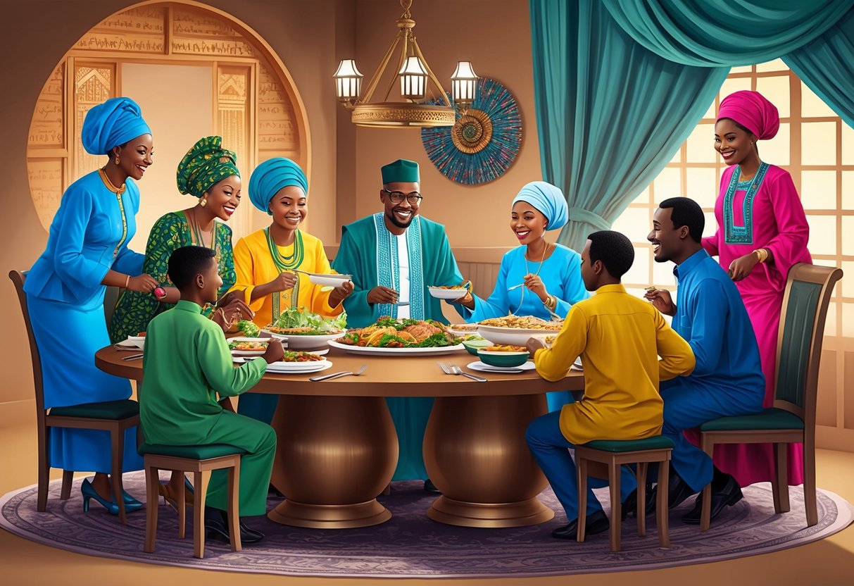 A Nigerian family gathering around a large dining table, sharing a meal and engaging in lively conversation.</p><p>Traditional clothing and cultural decor are visible in the background