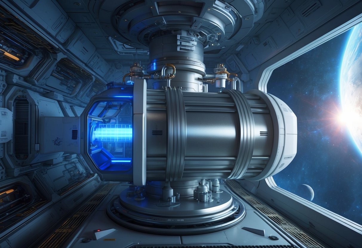 An oxygen scrubber unit operating in a futuristic space station, removing carbon dioxide from the air to maintain a breathable atmosphere