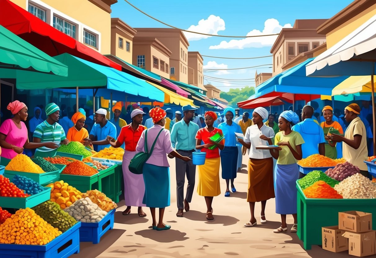 A bustling Nigerian marketplace with colorful stalls and diverse people interacting, showcasing the vibrant culture and socio-economic issues