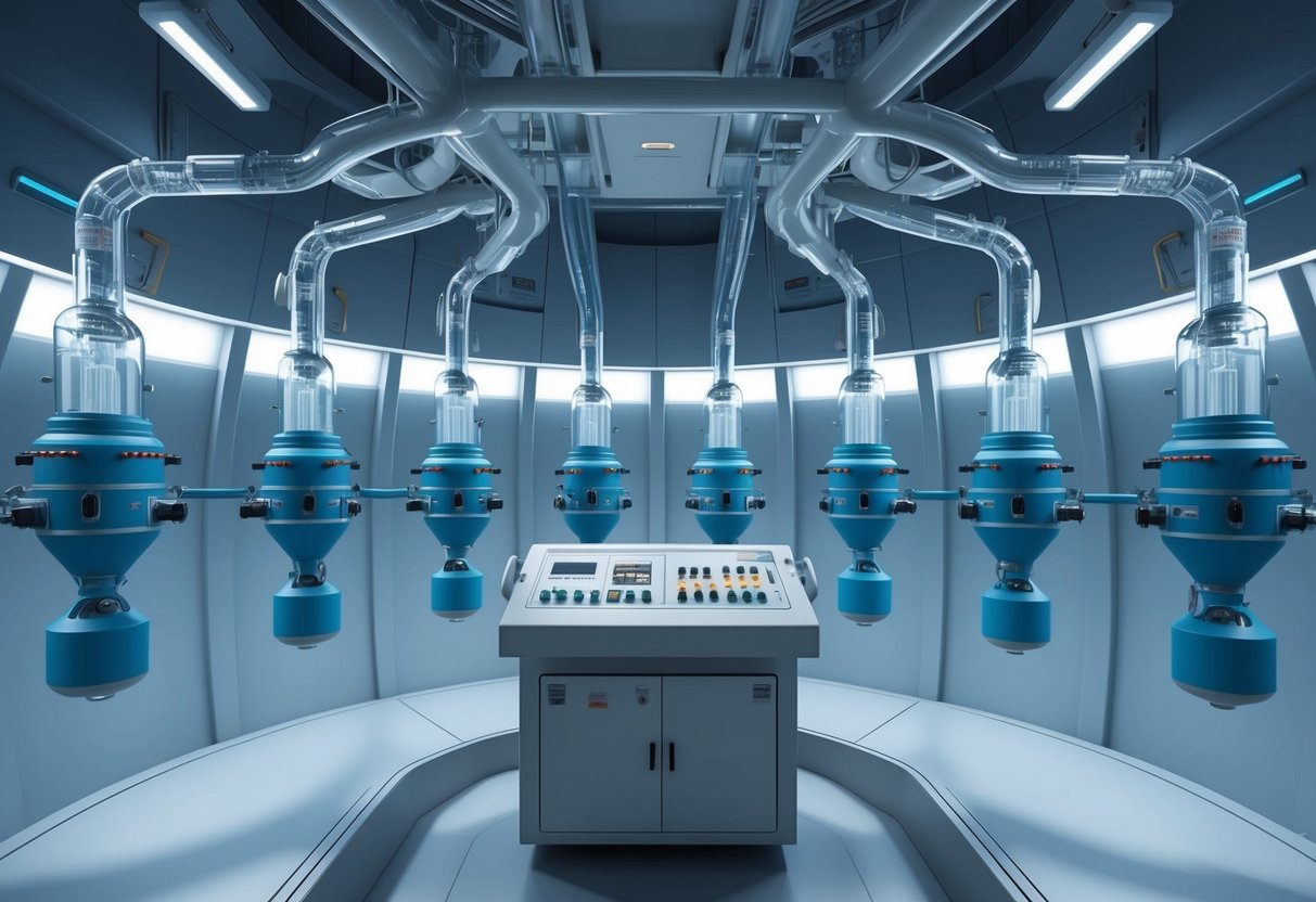 A complex network of oxygen scrubbers connected to a central control panel hums softly in a sterile, futuristic chamber