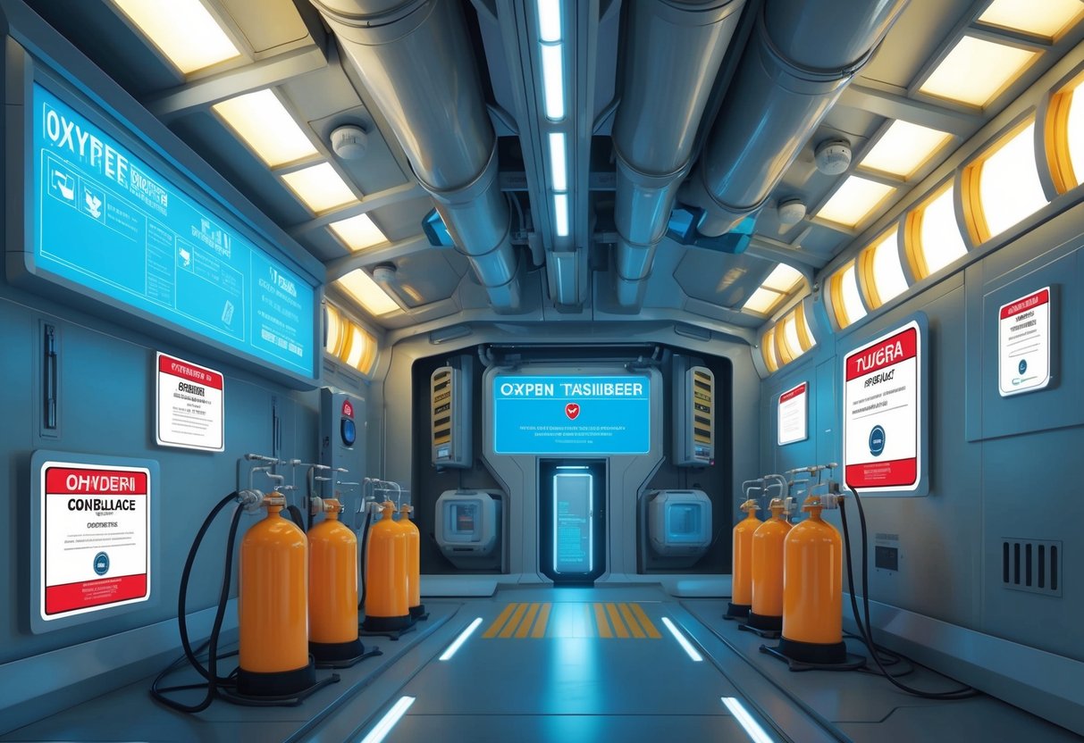 A futuristic facility with oxygen scrubbers, safety signs, and compliance certificates displayed prominently