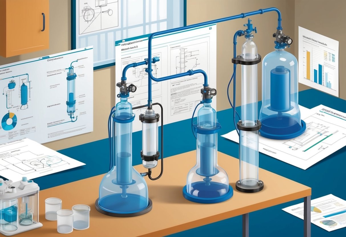 A laboratory table with various oxygen scrubber prototypes, surrounded by technical drawings and research papers