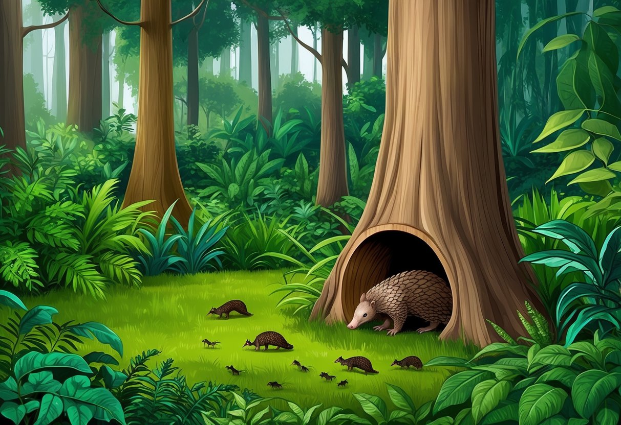 A lush, dense forest with tall trees and thick undergrowth, with a small burrow or hollowed-out tree where a pangolin could be seen resting or foraging for ants and termites