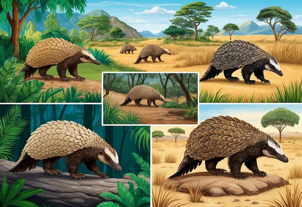 Pangolins wander through diverse landscapes, from lush forests to arid grasslands, showcasing their unique habitats around the world