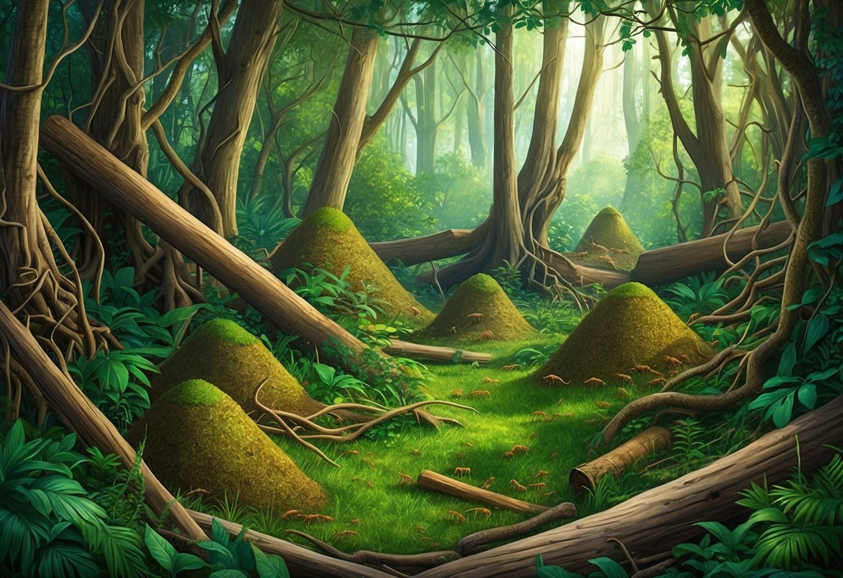 A lush forest floor with tangled underbrush and fallen logs, dotted with termite mounds and ant hills, and dappled with sunlight filtering through the canopy