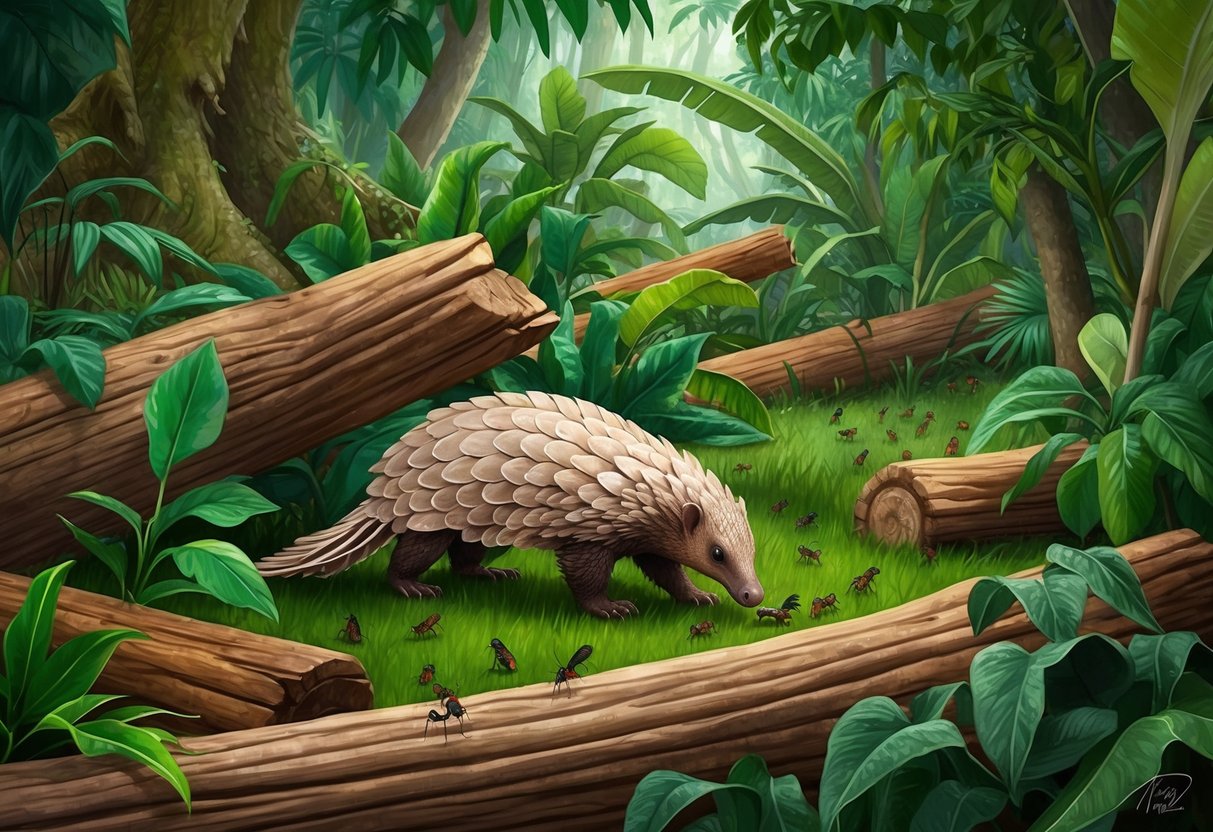 A lush tropical forest with a pangolin foraging for ants among fallen logs and dense foliage