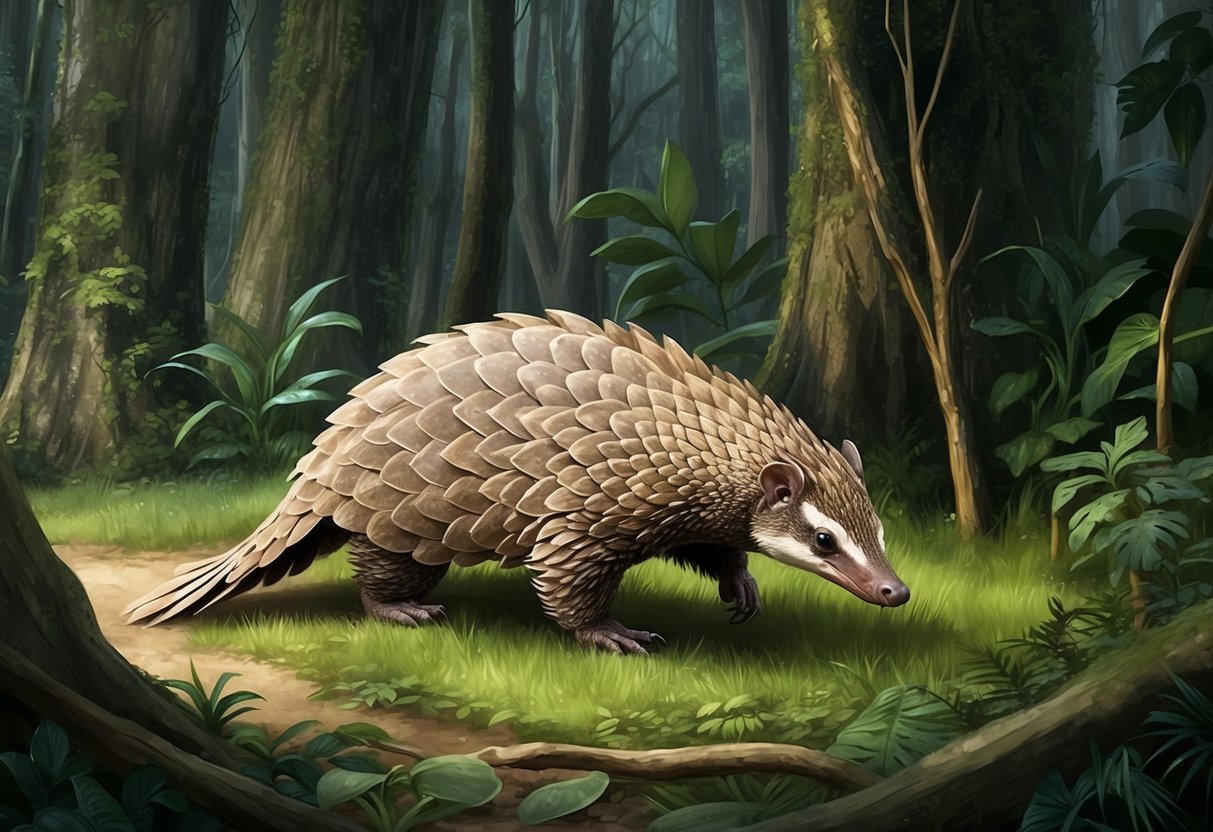 A pangolin scurries through a dense forest, seeking refuge from encroaching threats