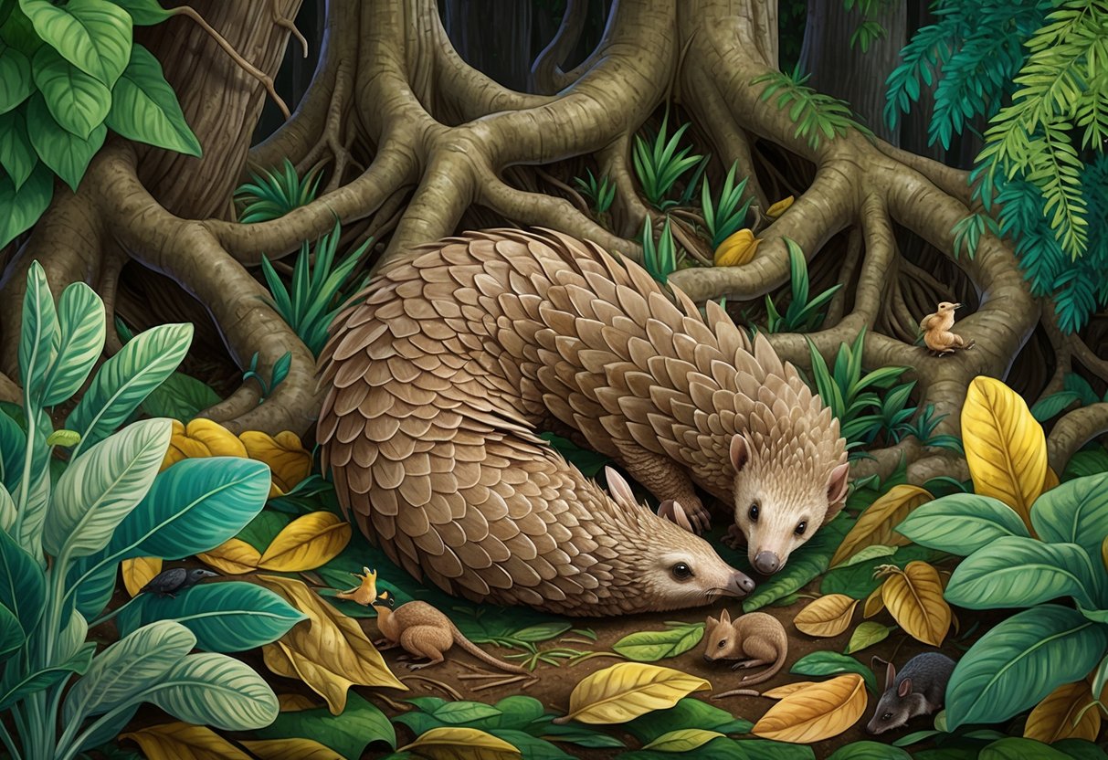 A lush forest floor with a curled-up pangolin nestled among fallen leaves and tree roots, surrounded by diverse plant life and small animals