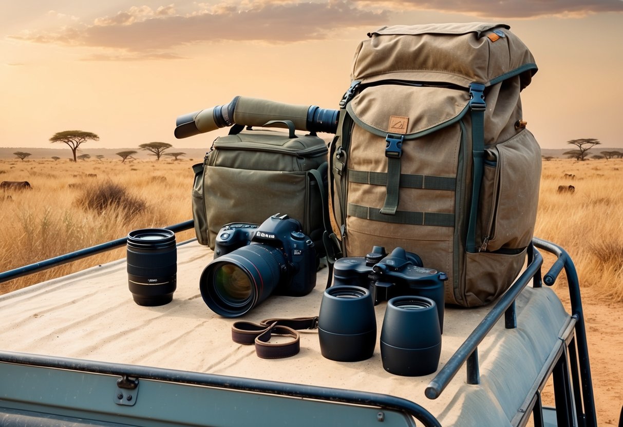 A wildlife photographer's gear laid out on a dusty safari vehicle in the African savannah, including a camera, telephoto lens, binoculars, and a rugged backpack