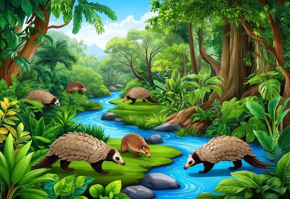 A lush forest with diverse plant life, a flowing river, and a variety of wildlife, including pangolins roaming freely in their natural habitat