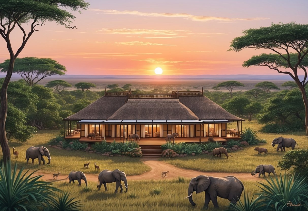 A safari lodge in Africa, surrounded by lush vegetation and wildlife, with a clear view of the sunset over the savannah