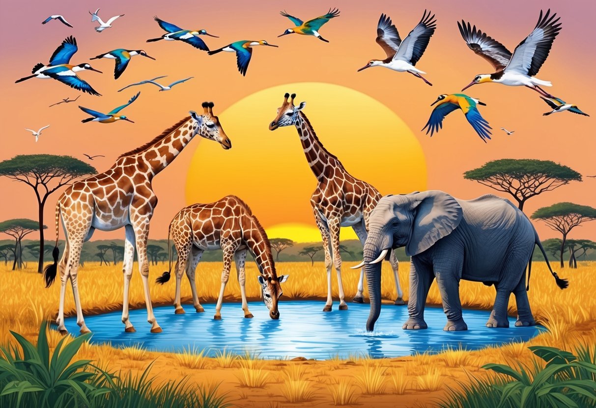 African savanna at sunset, giraffes grazing, elephants drinking at a watering hole, and a colorful array of birds in flight