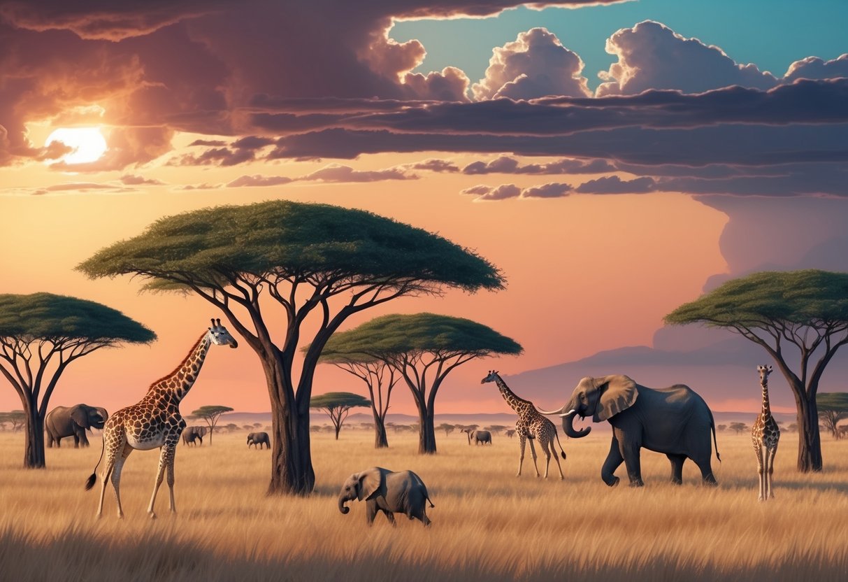 Vast savannah with acacia trees, giraffes, and elephants under a colorful sunset sky with dramatic clouds in the African wilderness