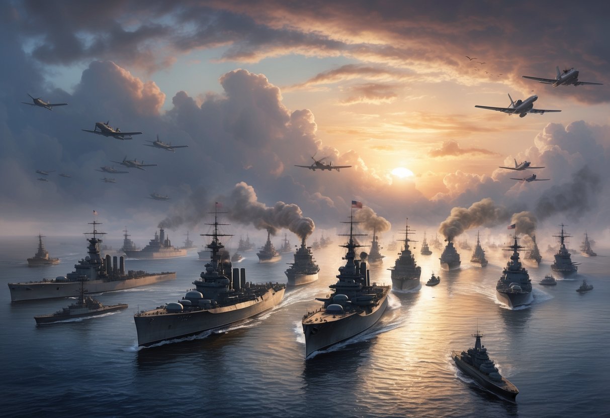 A fleet of battleships and planes converge on Pearl Harbor under a dramatic sunrise sky, capturing the historical moment in popular culture