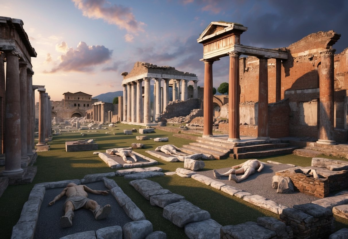 Ancient buildings and infrastructure in Pompeii, with preserved bodies amidst the ruins