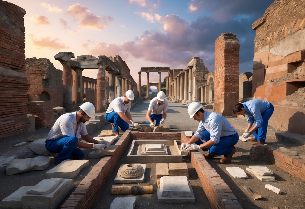 A team of experts carefully excavating and preserving ancient artifacts in the ruins of Pompeii