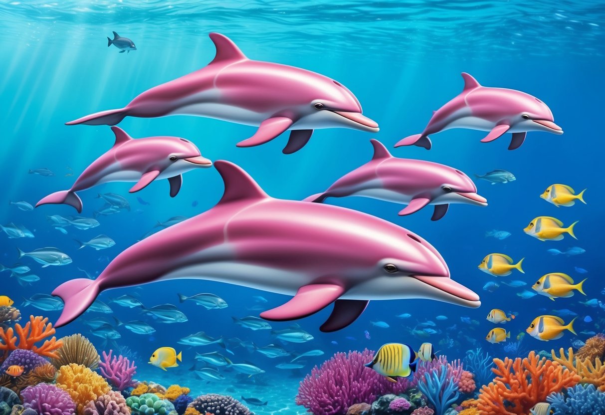 A pod of pink bottle-nosed dolphins swims gracefully through the crystal-clear waters of a tropical ocean, surrounded by vibrant coral reefs and colorful fish