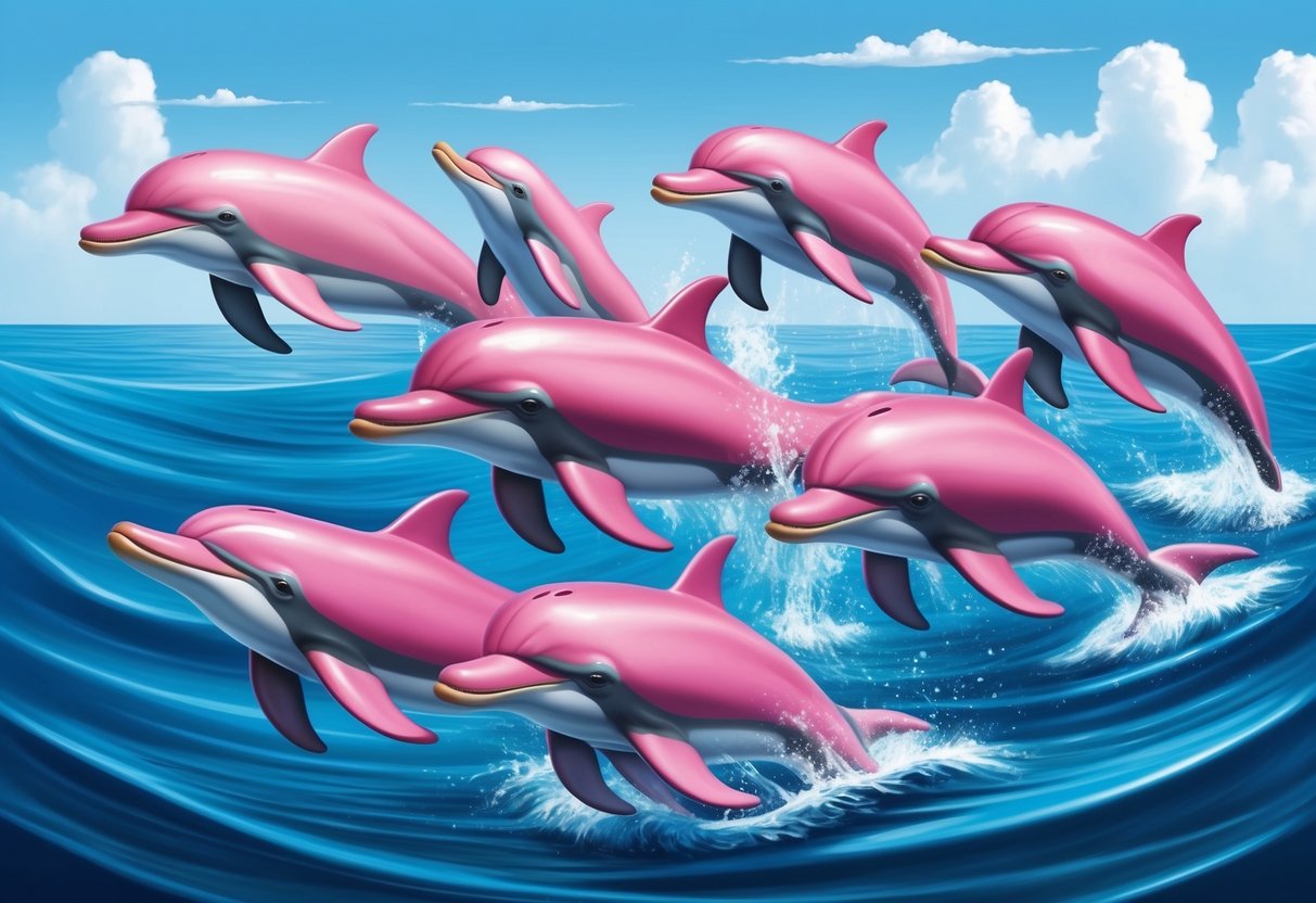 A group of pink bottle-nosed dolphins swimming in a playful and social manner, interacting with each other in the ocean