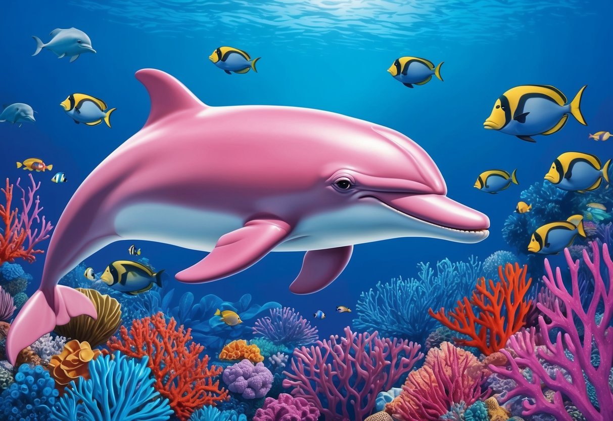 A pink bottle-nosed dolphin swims gracefully among colorful coral reefs