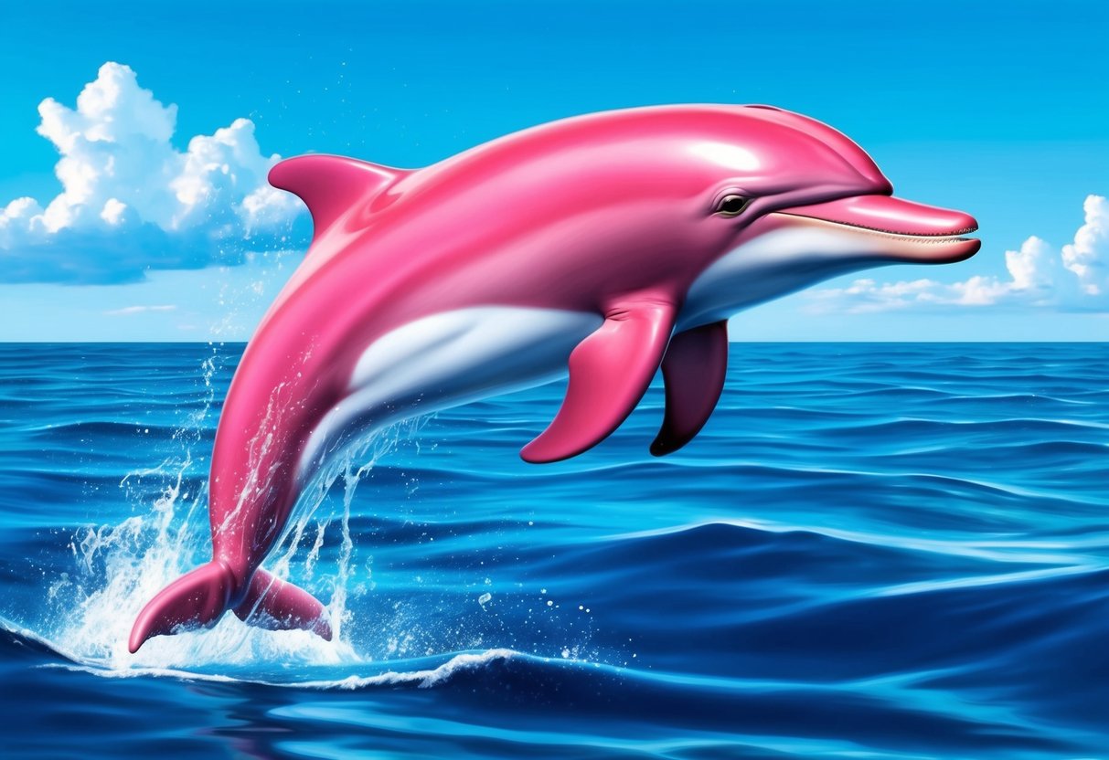 A pink bottle-nosed dolphin leaps gracefully through the crystal-clear water, its vibrant color contrasting with the blue ocean backdrop