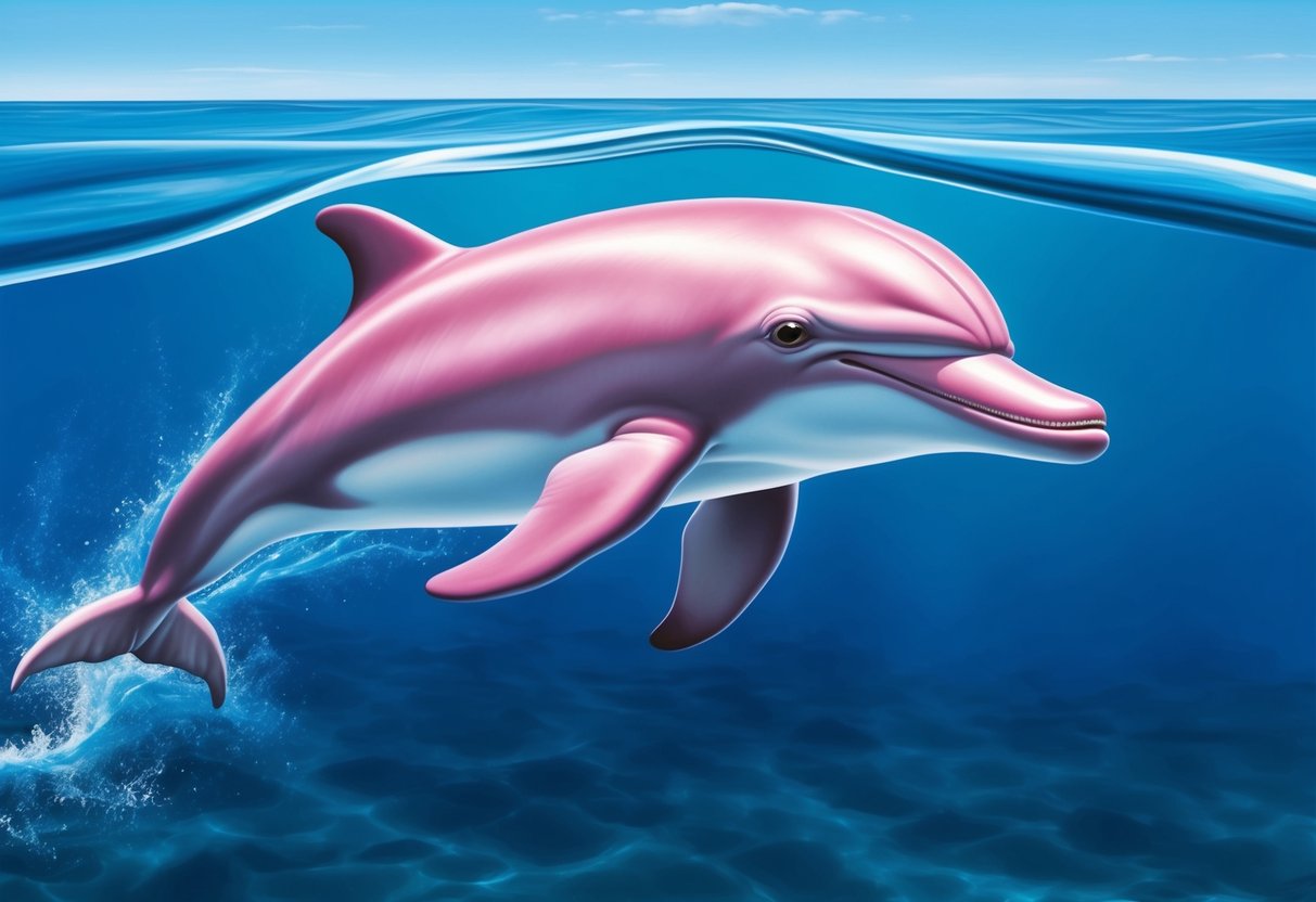 A pink bottle-nosed dolphin swims gracefully through the crystal-clear waters, its unique coloration standing out against the backdrop of the ocean