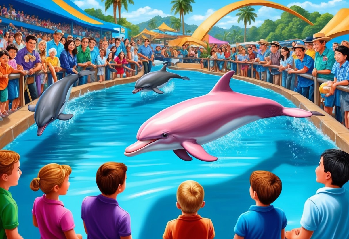 A pink bottle-nosed dolphin swims among a group of curious onlookers in a vibrant, bustling public interest and education event