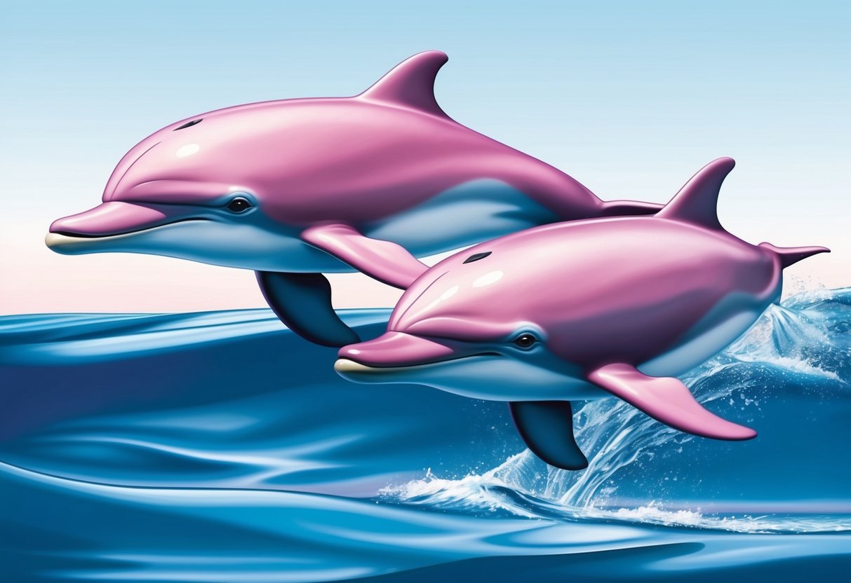 Two pink bottle-nosed dolphins swim side by side, their sleek bodies cutting through the water with grace and elegance