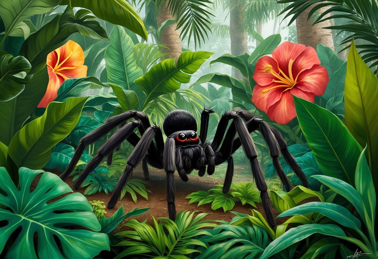 A jungle scene with a giant Goliath birdeater spider crawling among lush foliage and oversized tropical flowers