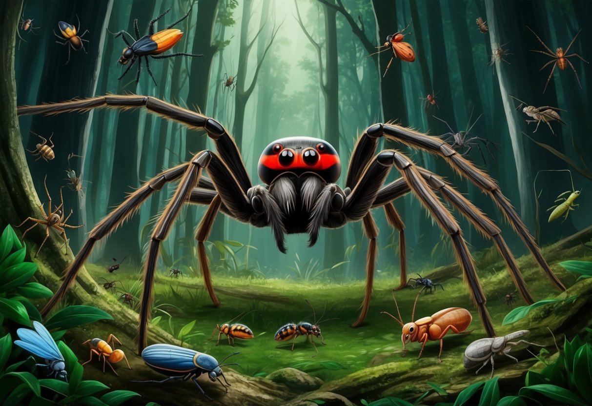 A large spider hunts for prey in a dense forest, surrounded by various insects and small animals