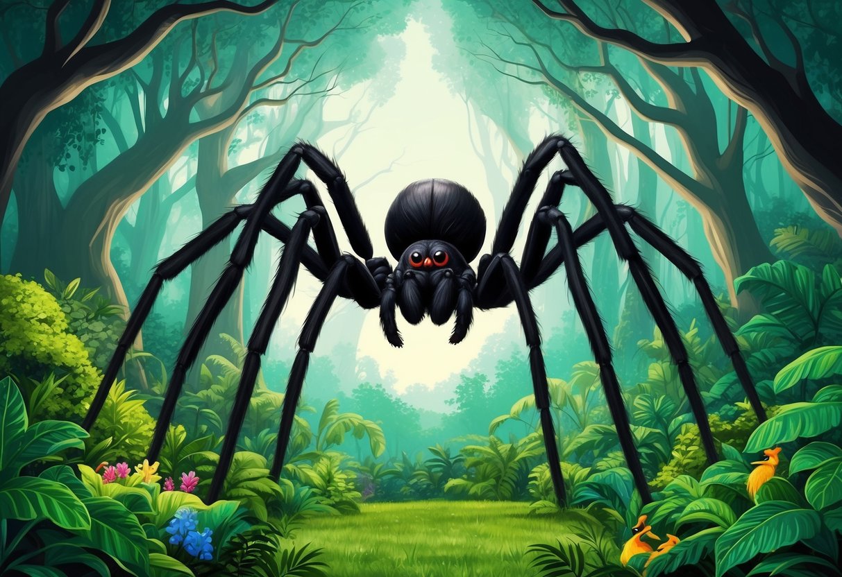 A massive spider looms over a lush forest, casting a shadow on the vibrant ecosystem below.</p><p>Its presence both threatens and sustains the delicate balance of nature