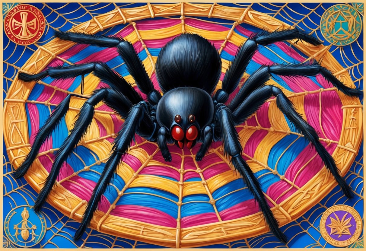 A massive spider perched on a vibrant, intricate web, surrounded by symbols of cultural significance