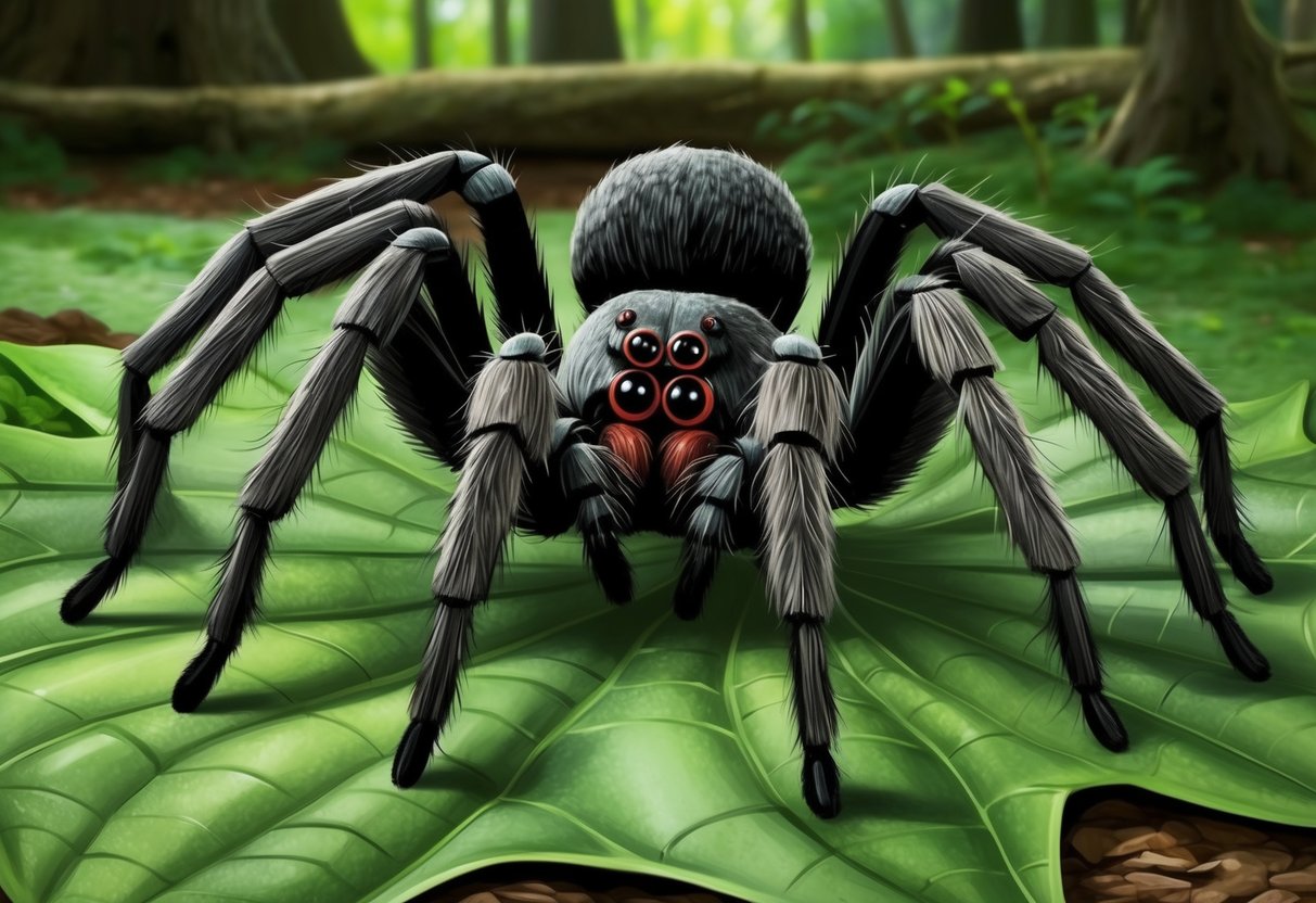 A giant spider rests on a leafy forest floor, its hairy legs and large body dominating the scene