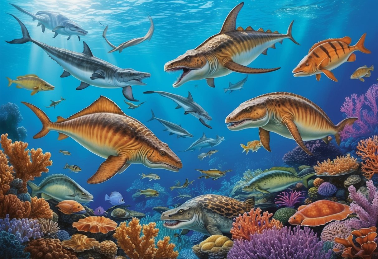 Prehistoric sea creatures swimming among coral reefs, with larger predators hunting smaller prey in the vibrant, teeming ecosystem