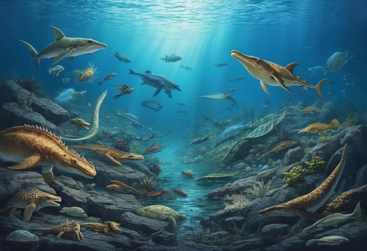 A prehistoric sea teeming with diverse creatures is suddenly devastated by a mass extinction event, leaving behind a desolate and lifeless underwater world