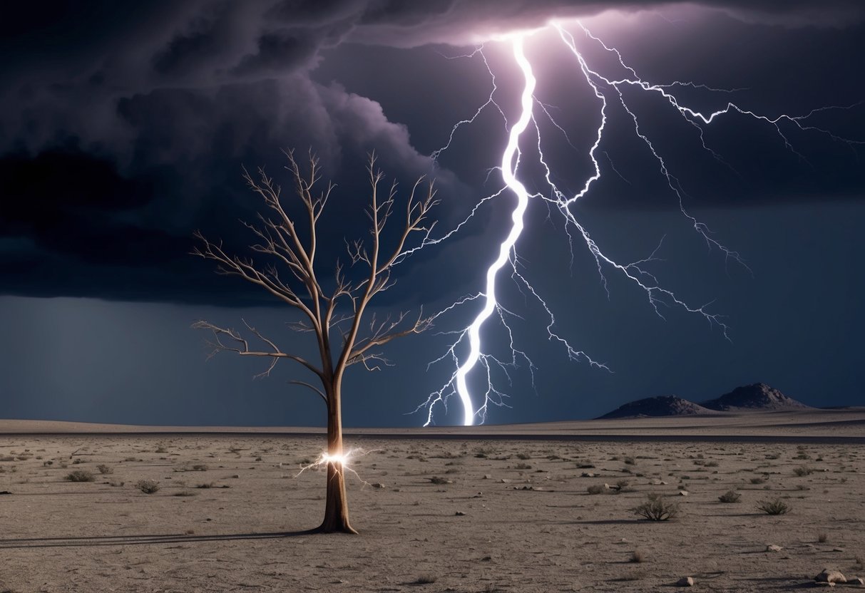 A barren landscape with a tree bearing a lightning strike scar, surrounded by dark storm clouds and jagged bolts of lightning