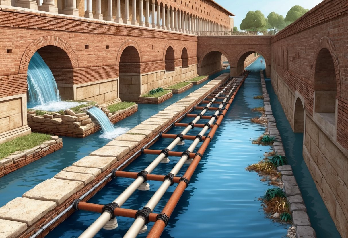 The Roman sewer system in use, with water flowing through intricate channels and waste being carried away