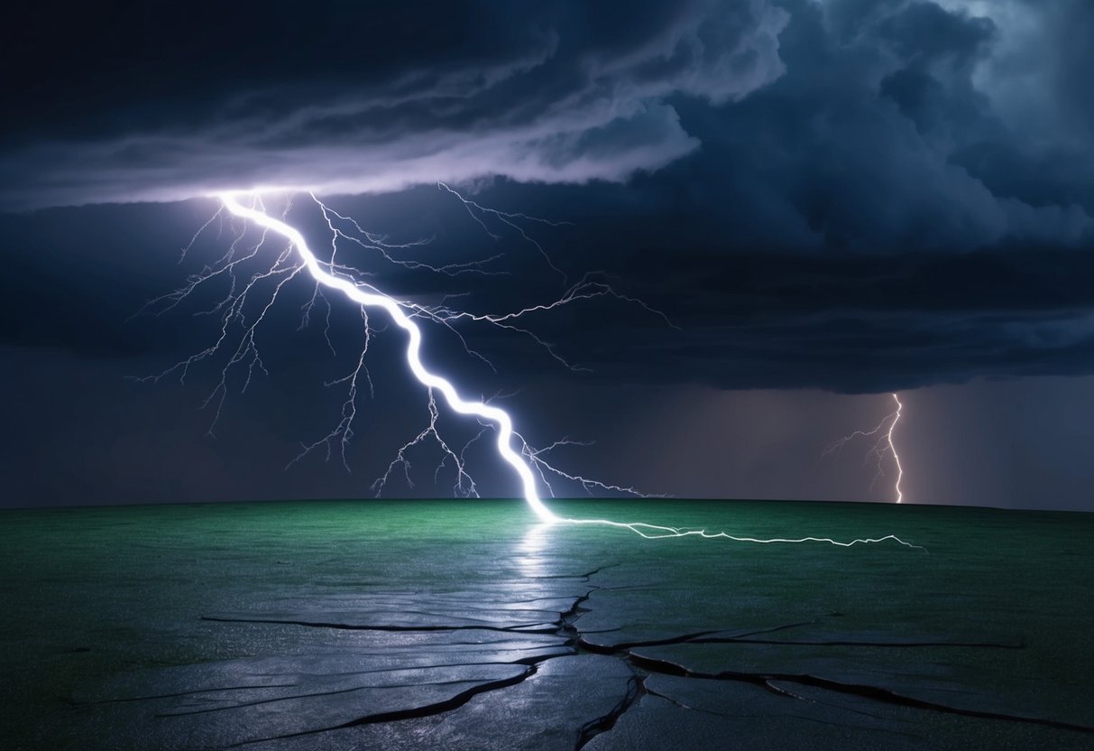 A dark, stormy sky with a bolt of lightning striking the ground, leaving behind a jagged scar on the earth