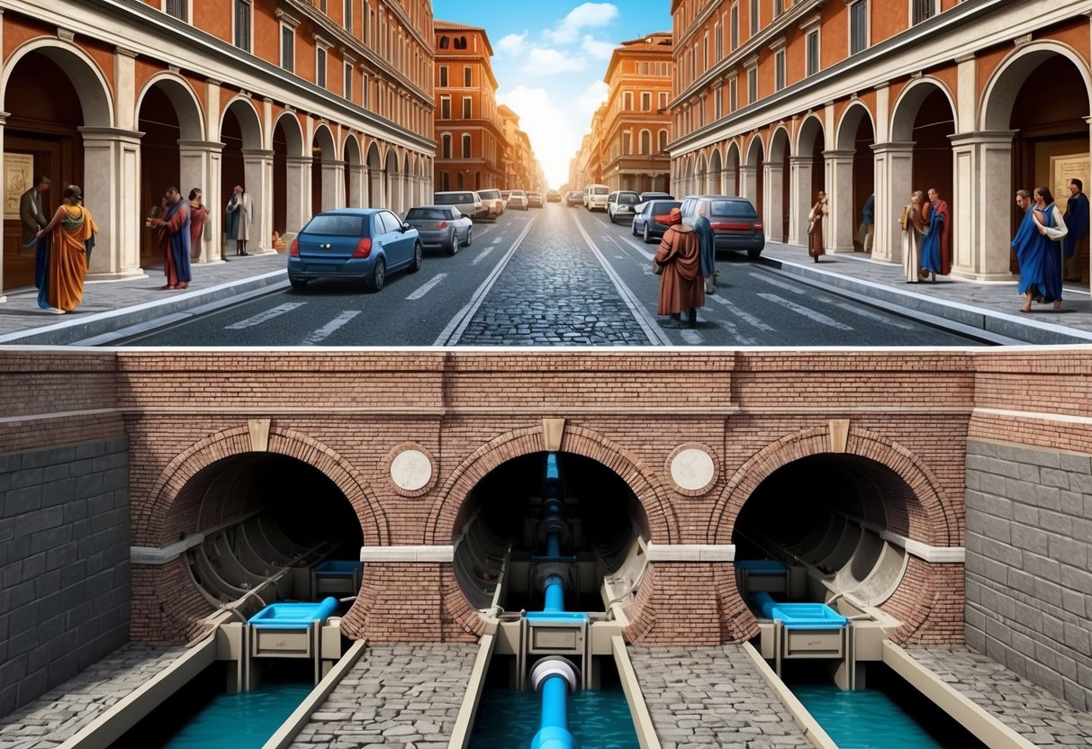 Busy Roman streets above, intricate sewer system below.</p><p>Arches and tunnels connect to carry waste and water