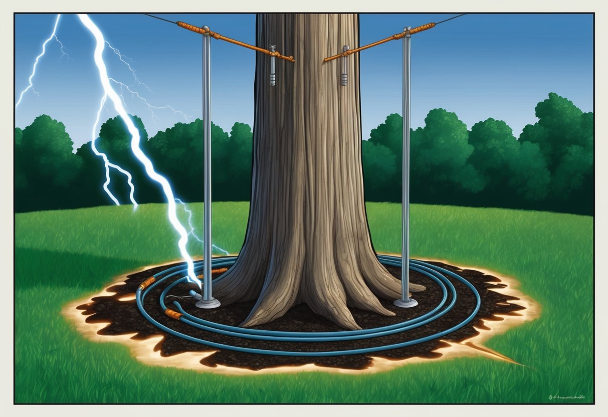 A tall tree with lightning rods and grounding cables, surrounded by a scorched area with a visible lightning strike scar