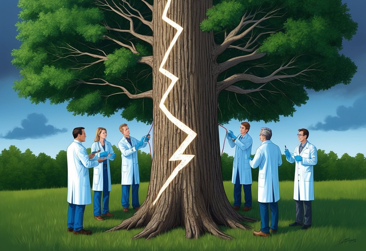 A tree with lightning scars zigzagging down its trunk, surrounded by a group of scientists taking measurements and examining the damage