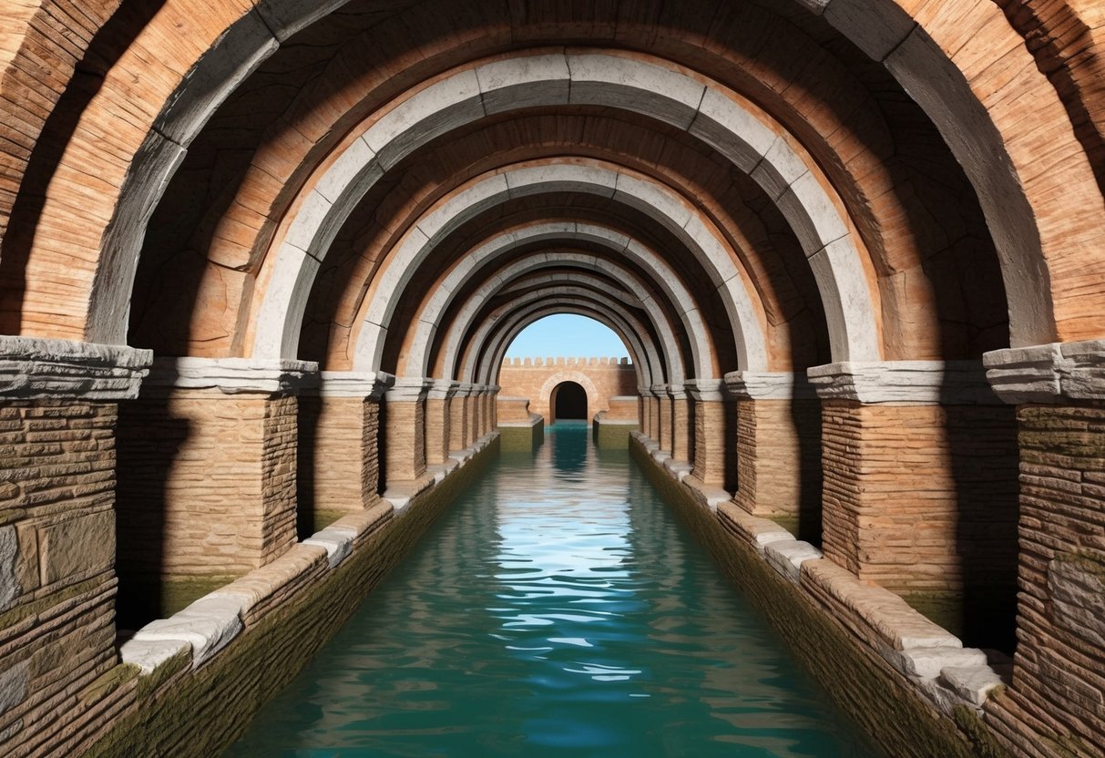 The ancient Roman sewer system, with arched stone passageways and flowing water, is being carefully preserved by archaeologists