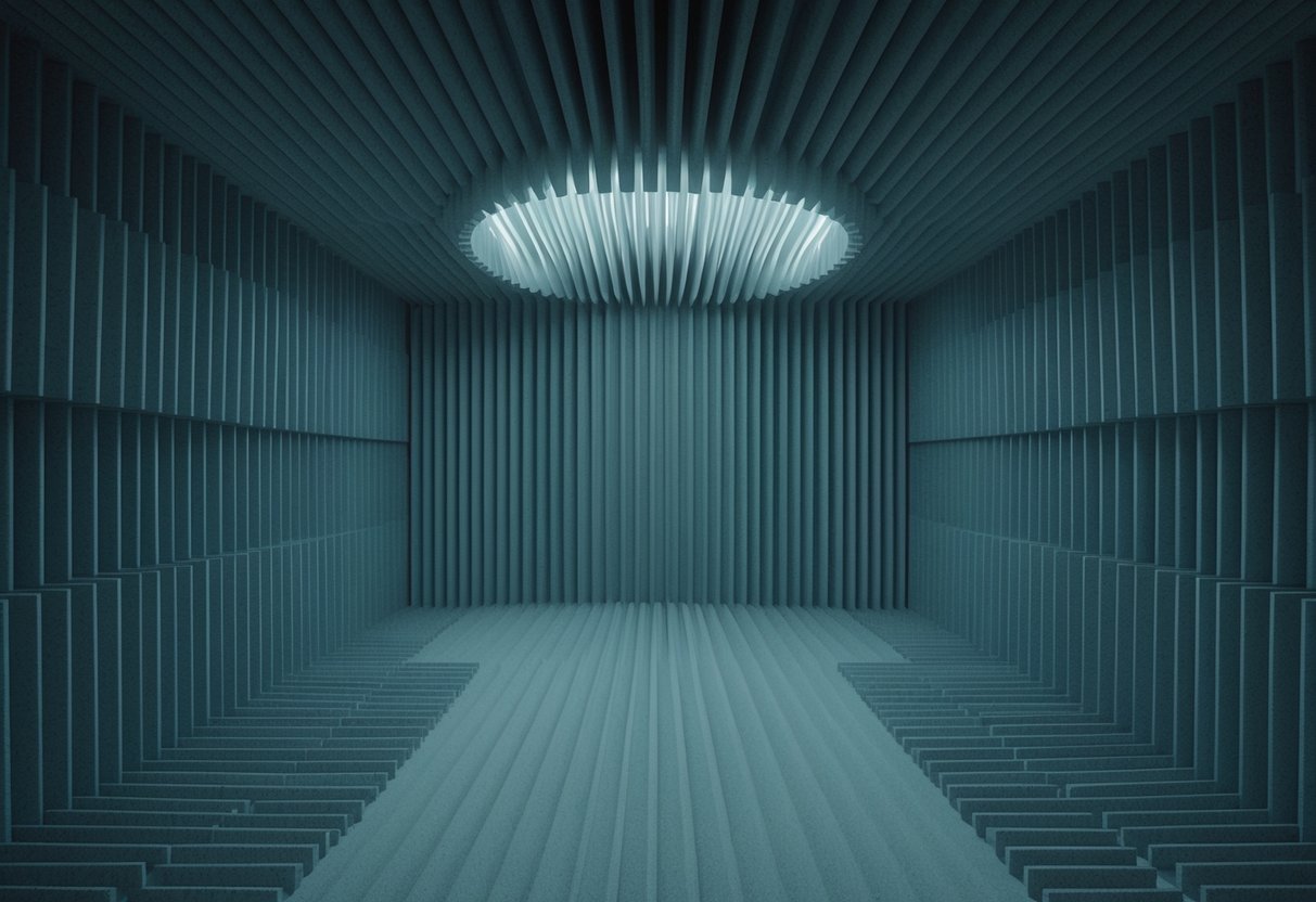 The Anechoic Chamber: dimly lit, sound-absorbing walls, eerie silence, no echoes