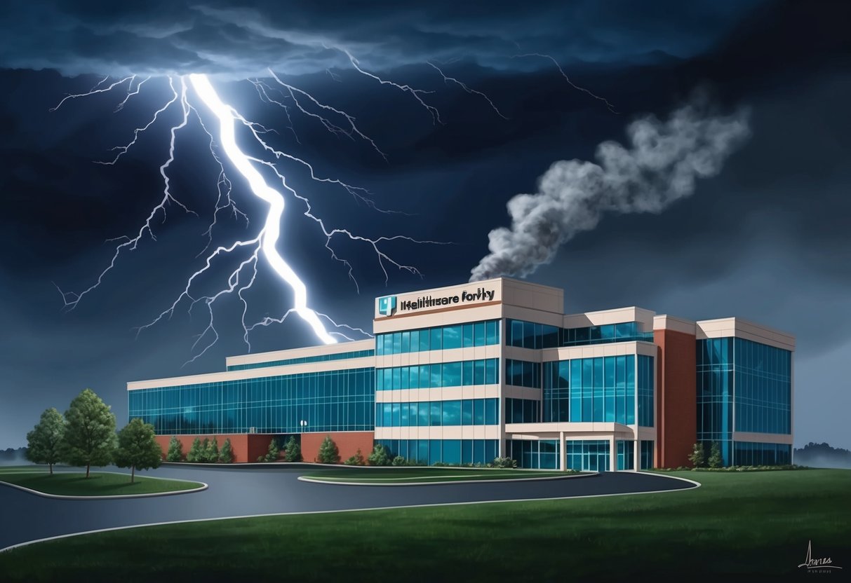 A dark stormy sky with a bolt of lightning striking a healthcare facility, leaving a scarred and smoking building