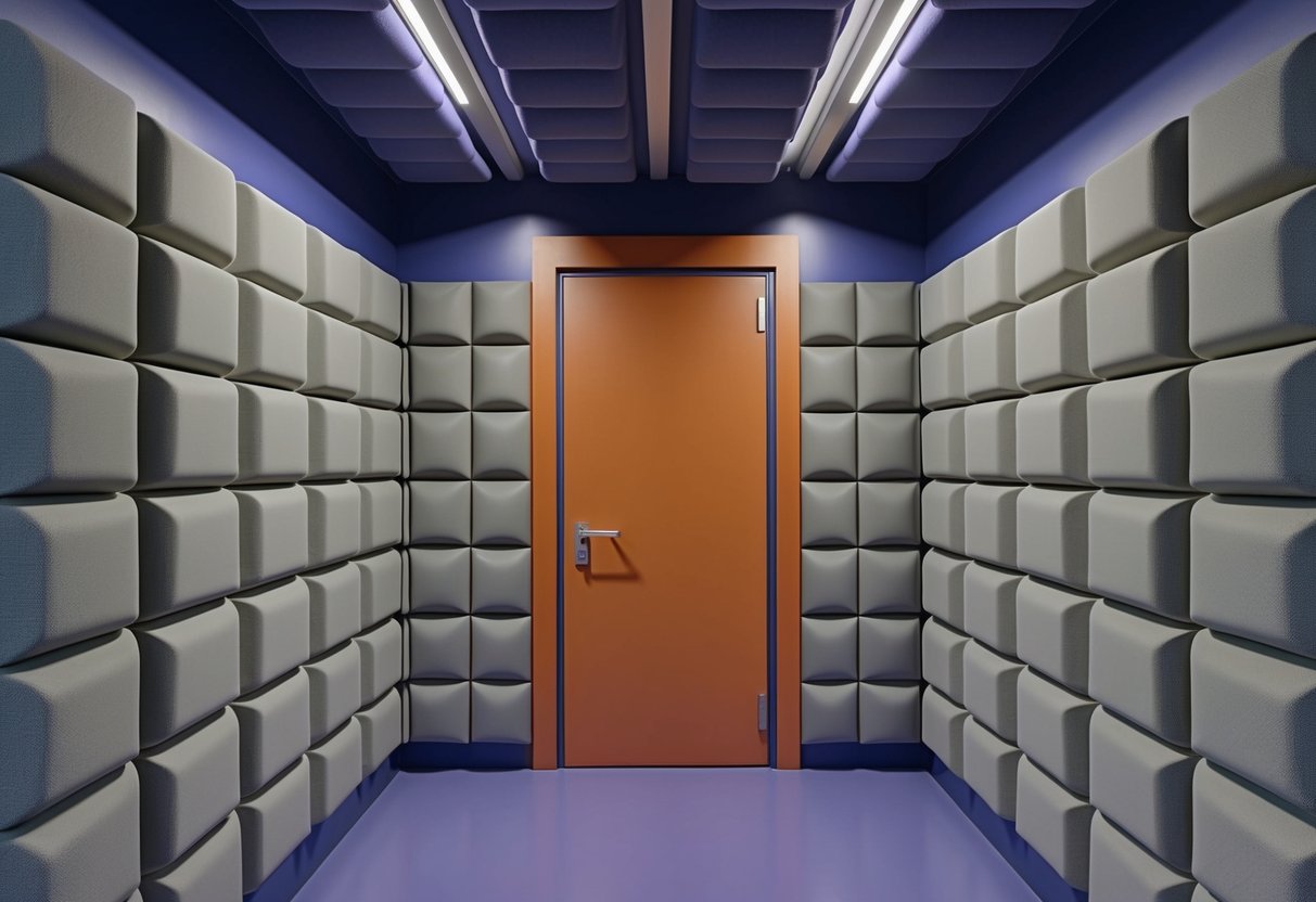 A soundproof chamber with padded walls and ceiling, thick door, and no windows