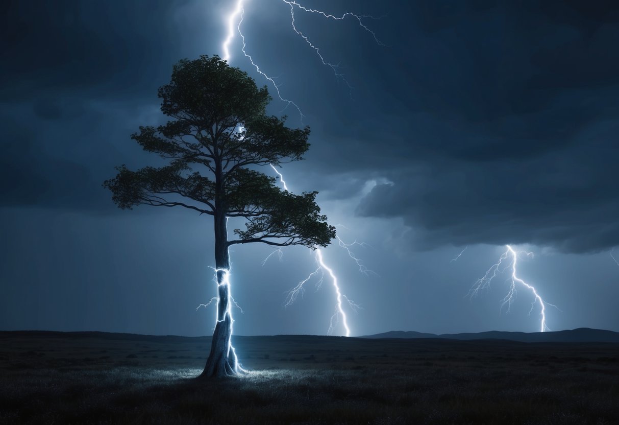 A lone tree stands against a stormy sky, its trunk bearing the jagged scar of a lightning strike.</p><p>The surrounding landscape is dark and ominous, with flashes of lightning illuminating the scene