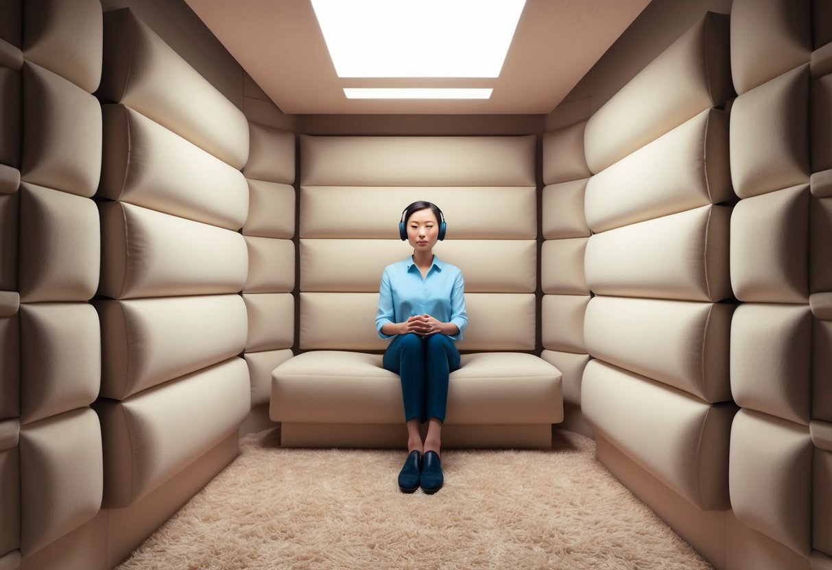 A person sitting in a soundproof chamber, surrounded by soft, cushioned walls and complete silence