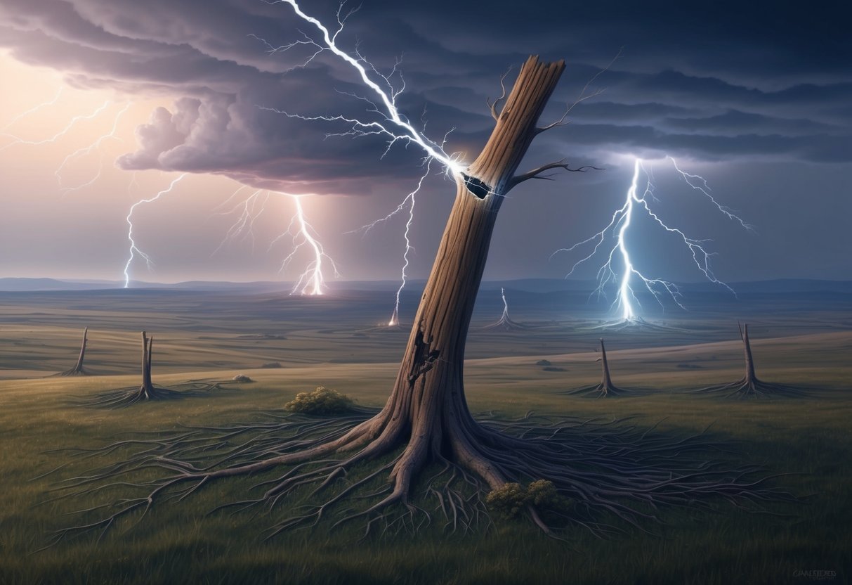 A vast landscape with a scarred tree struck by lightning, surrounded by evidence of other lightning incidents