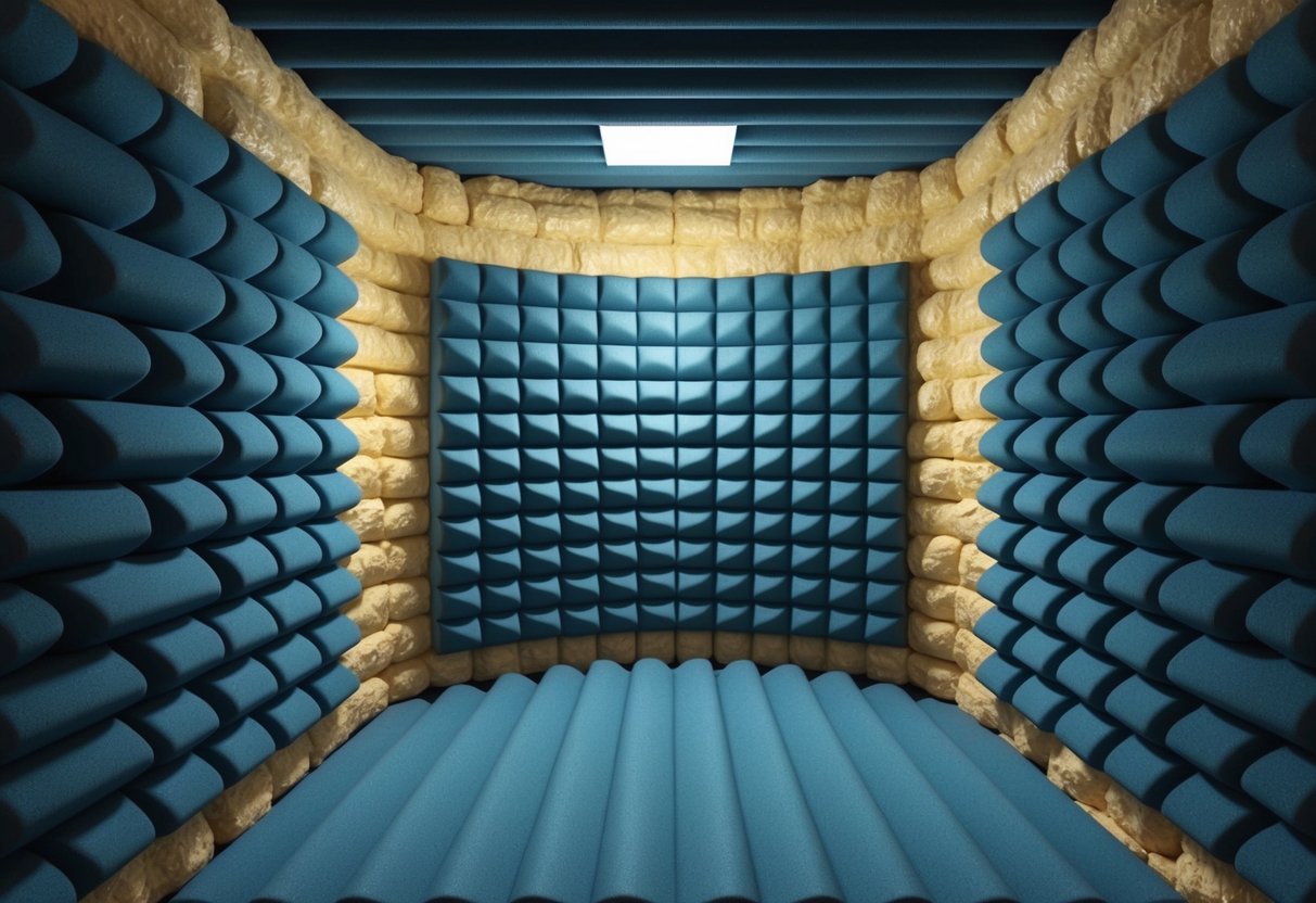 A soundproof chamber with padded walls and floors, surrounded by layers of insulation, creating an eerie and unsettling silence