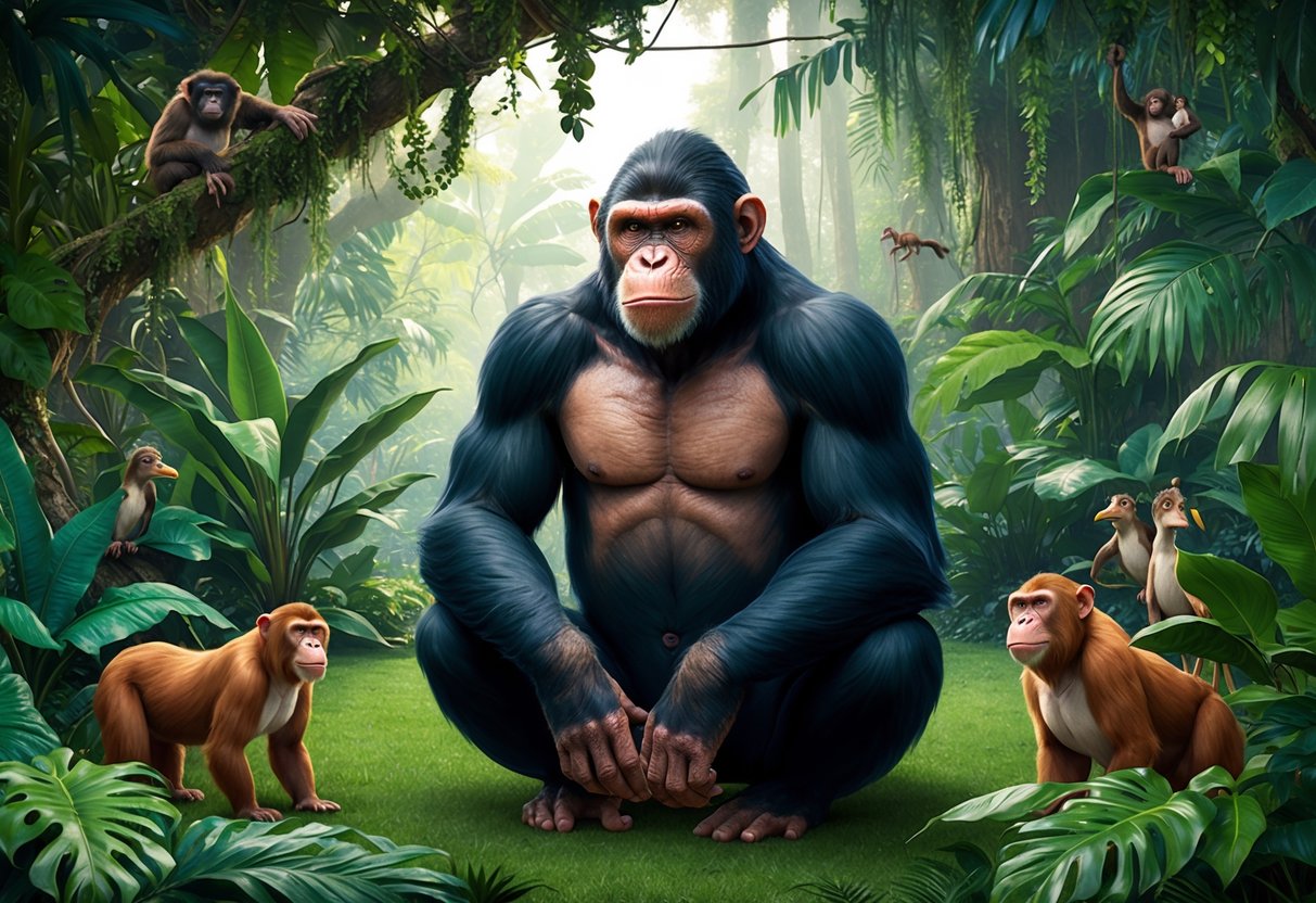 Lucy the ape sits in a lush jungle, surrounded by vibrant foliage and curious wildlife.</p><p>She calmly observes her surroundings, her powerful physique on display